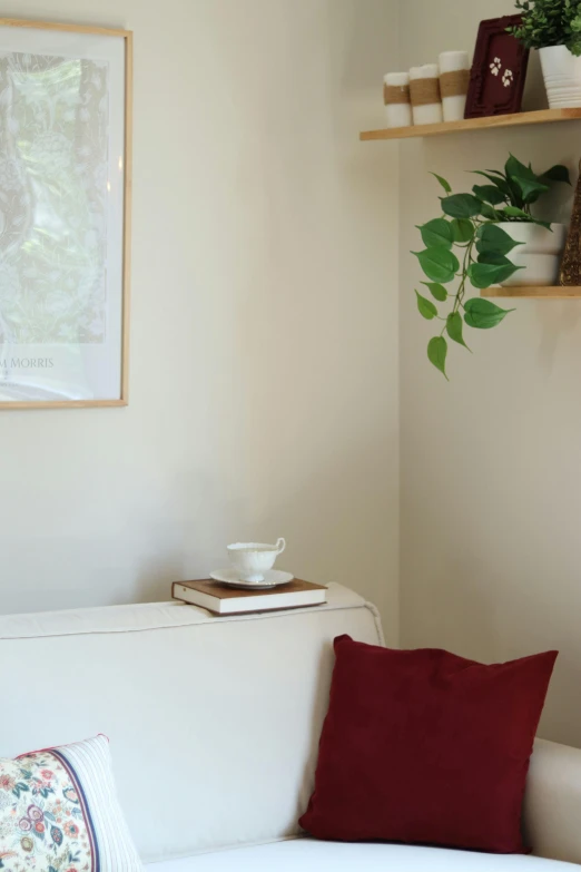 a po of some books and vases on a white couch