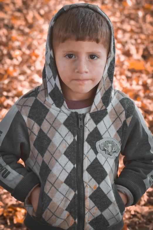 a small boy in a jacket and hoodie standing outside