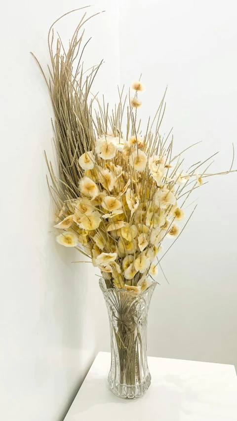 a vase on a table holding dead flowers