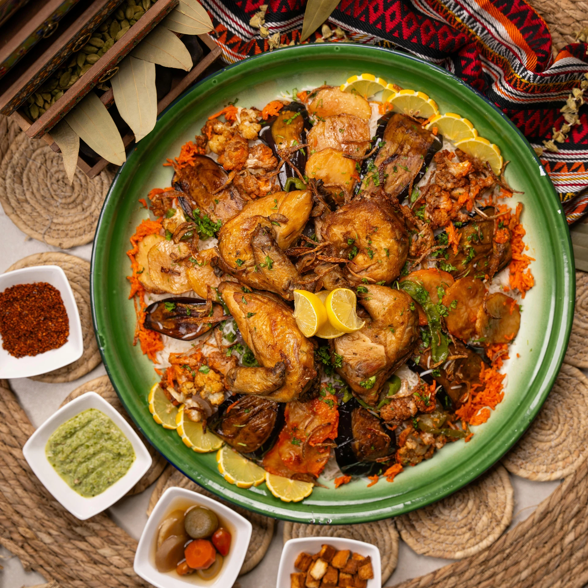 an assortment of prepared foods on a platter