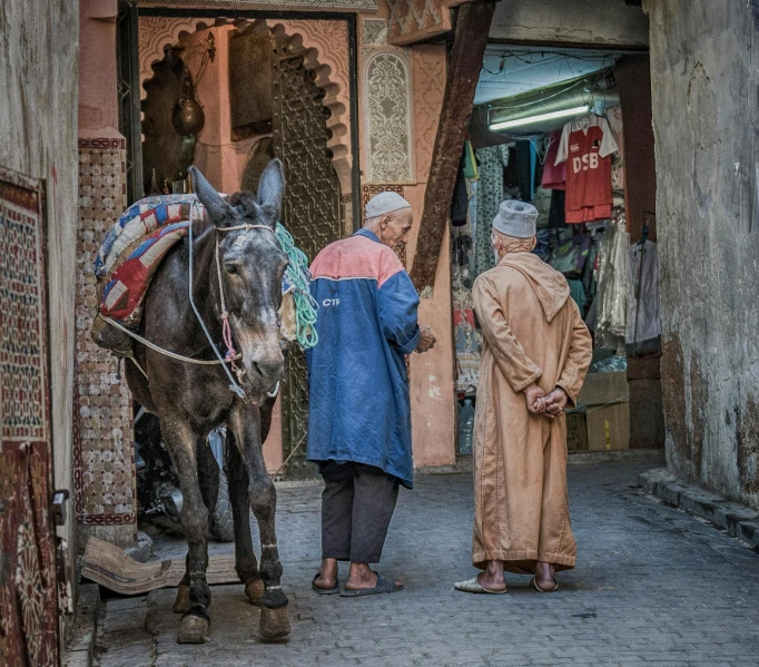 two men are standing in an old city while one man leads a donkey