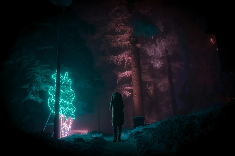 the silhouette of two people stands in a forest, with lights shining through them