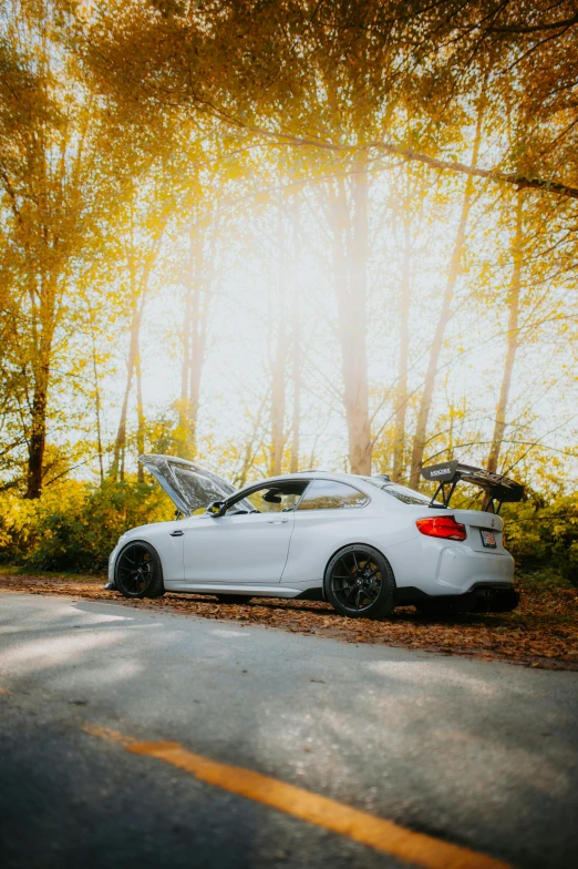 a white car with open hood parked in the woods