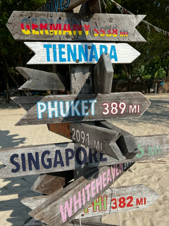 signs on a pole indicating different destinations at the beach