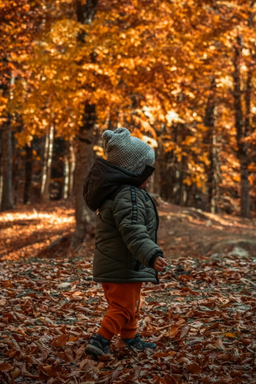 a little boy is in the forest with an umbrella