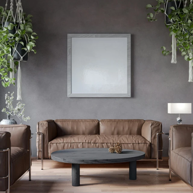 a large gray living room with two couches