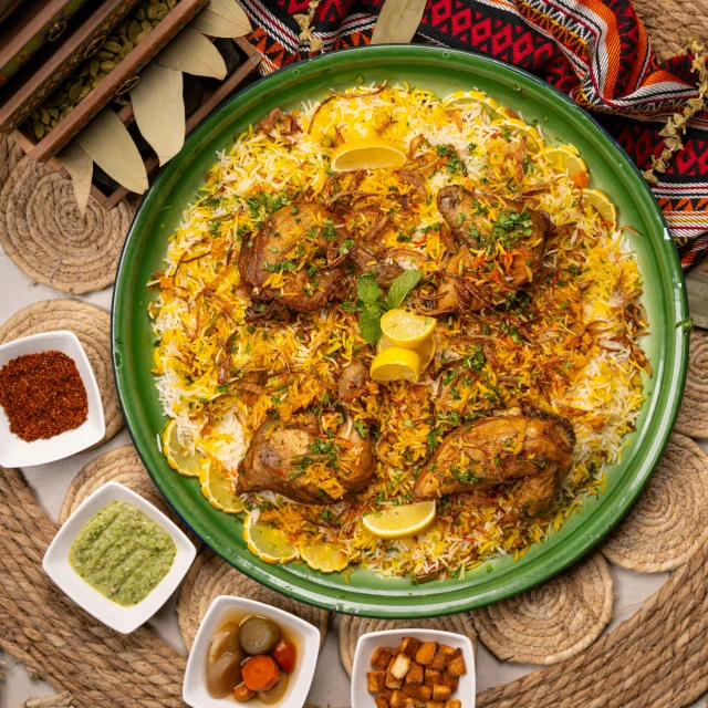 an asian style dish of rice with meat and various small bowls