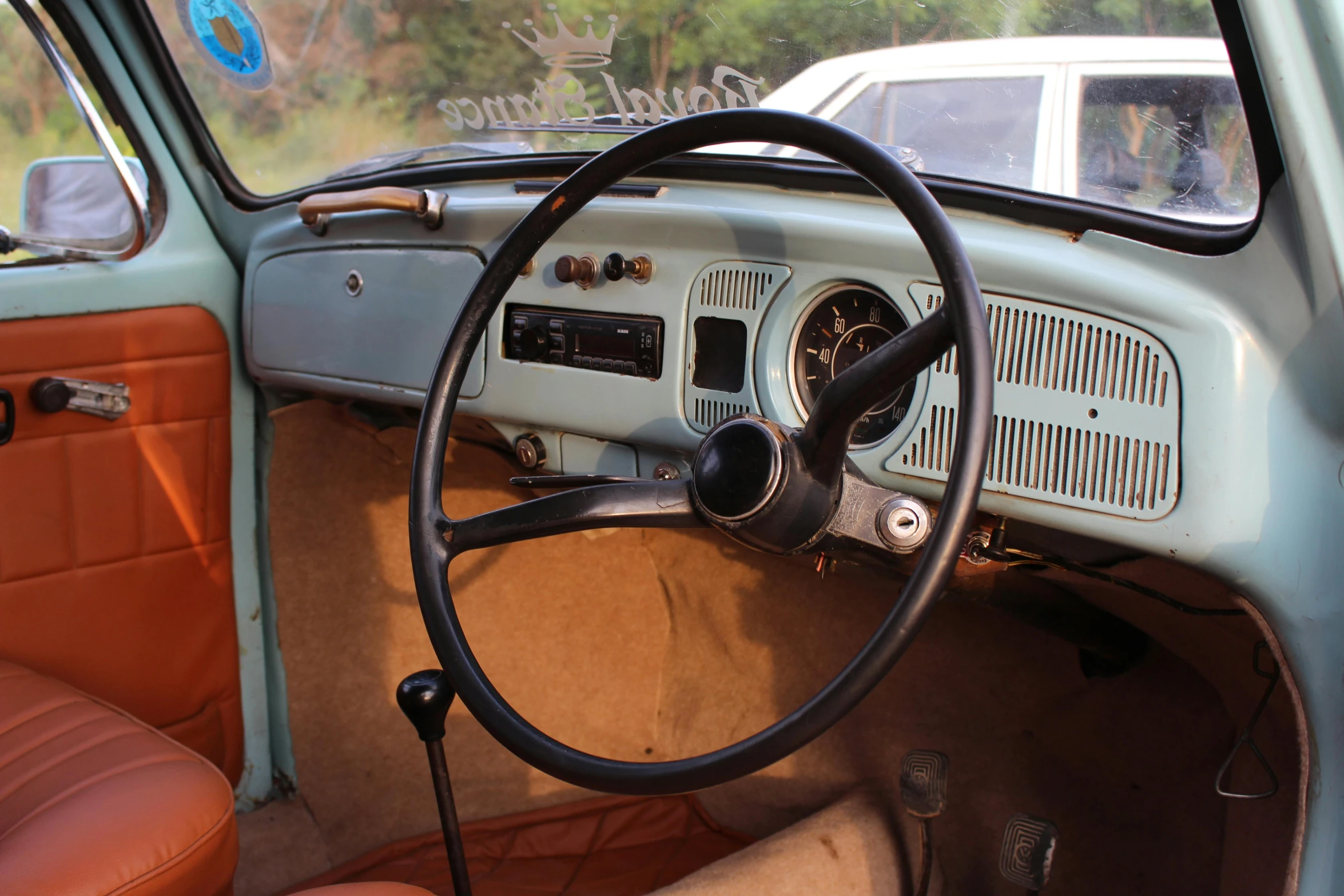 an interior view of a car with leather seats