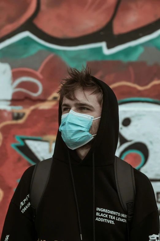 a man wearing a mask and black jacket with hood up