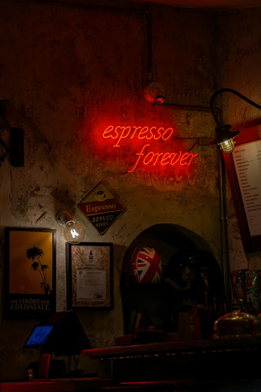 a restaurant with a red neon sign that says espresso forever