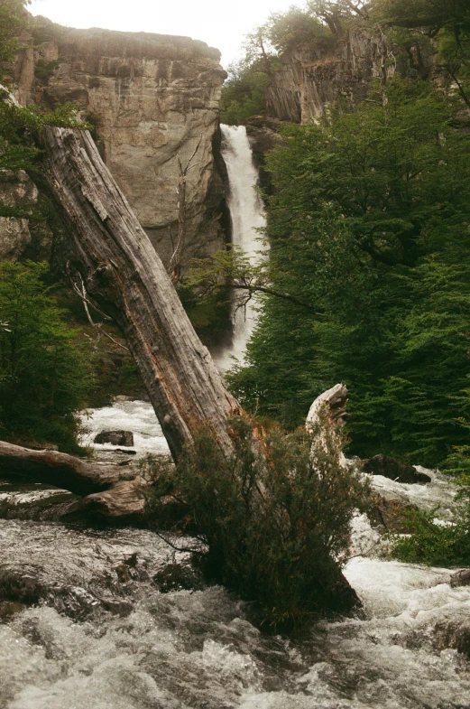 a waterfall with a big log in the middle