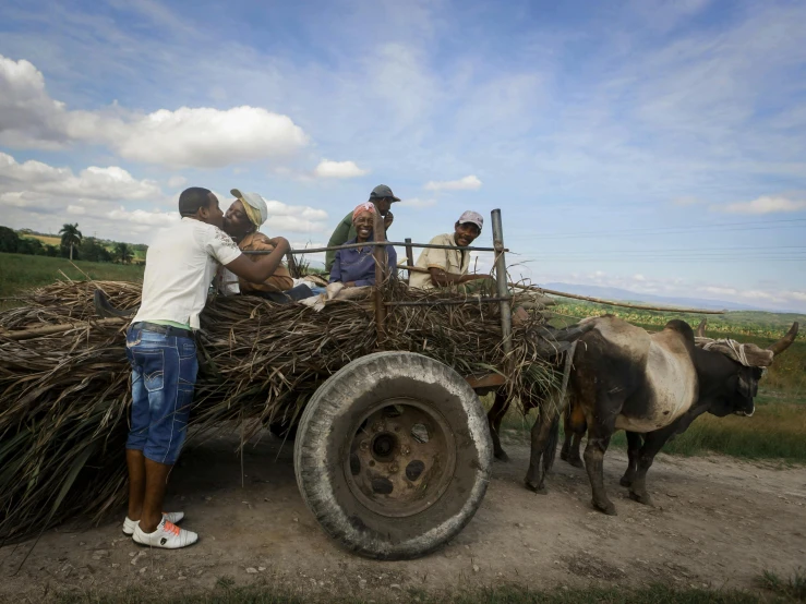 a man who is giving people a load of hay in the back of a cart