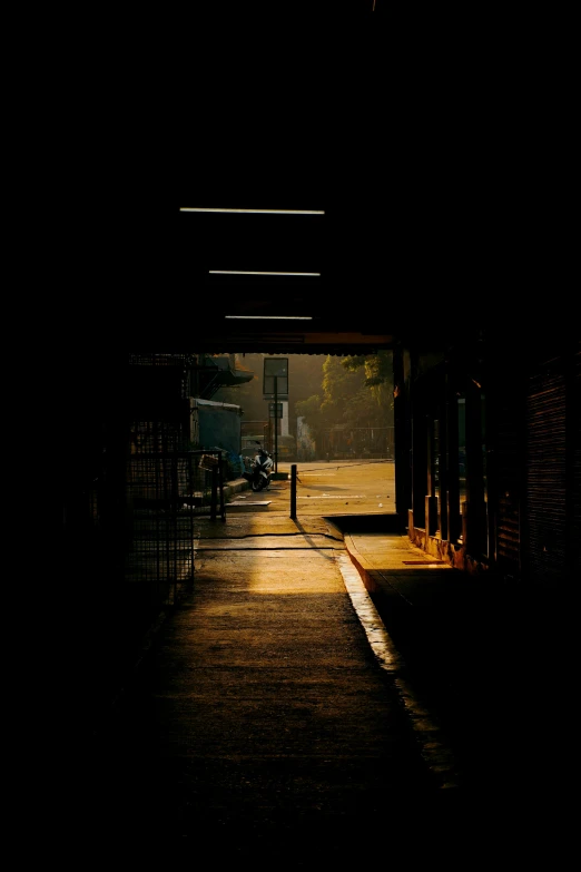 a walkway at night with the shadows of an open gate