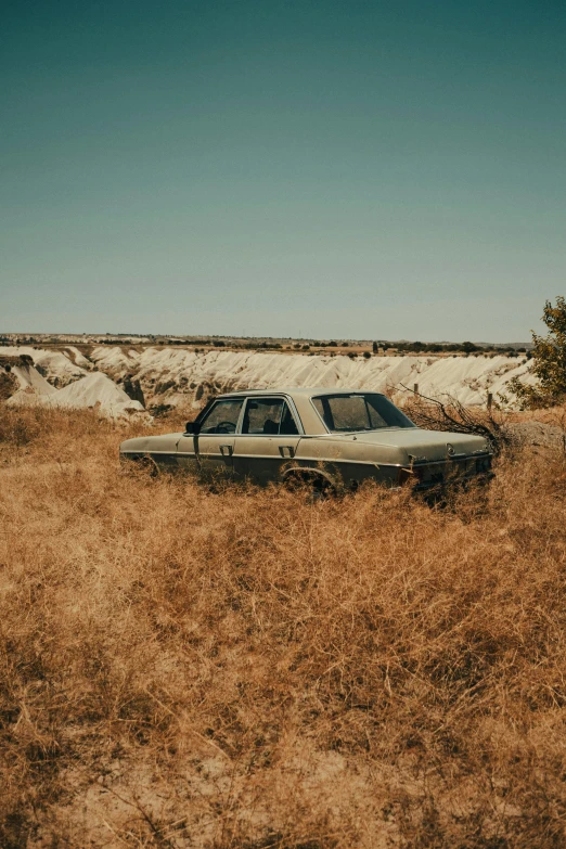 a car sitting in the middle of a field