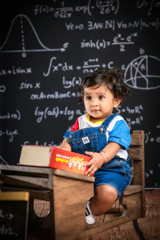 a young toddler sits in a school desk
