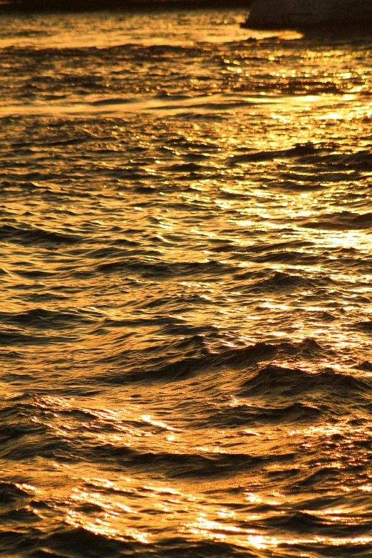 the golden water is beautiful with a ship in the distance