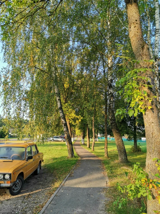 an orange truck parked in the middle of a park