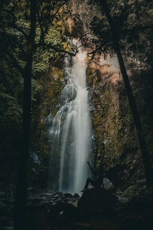 the waterfall is very high with trees lining it