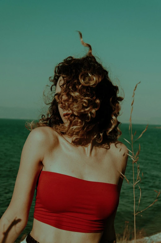 an image of woman standing on the beach in red bikini