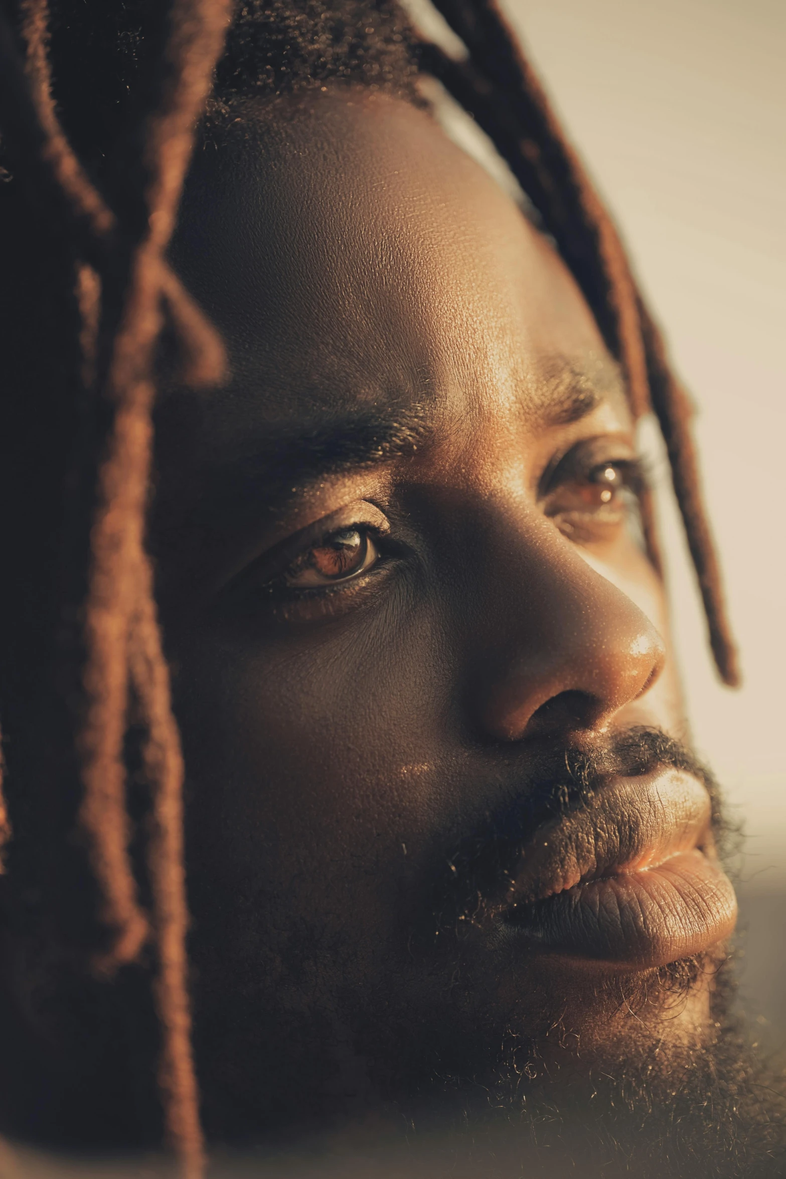 a man with dreadlocks in profile looking out