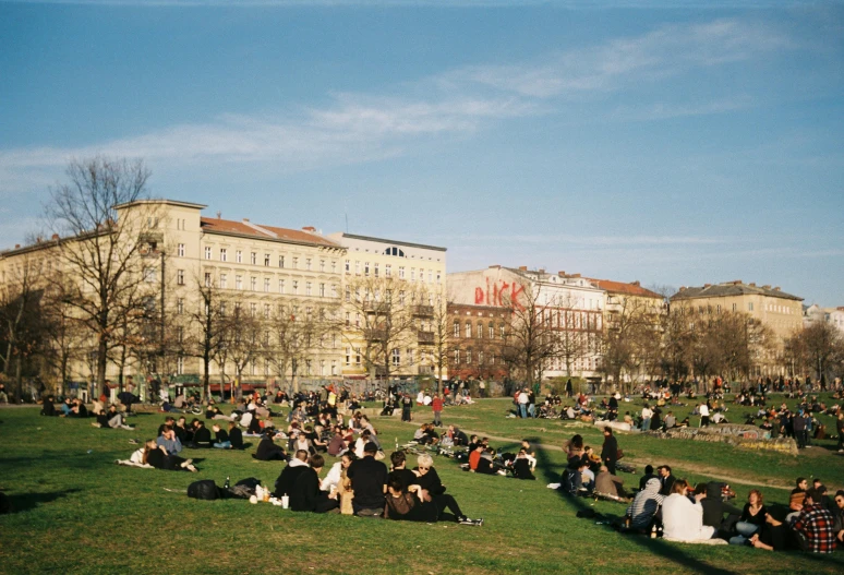 people sitting on a field enjoying the weather