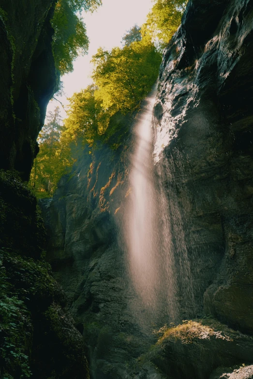 sunlight shining through a cave into a river