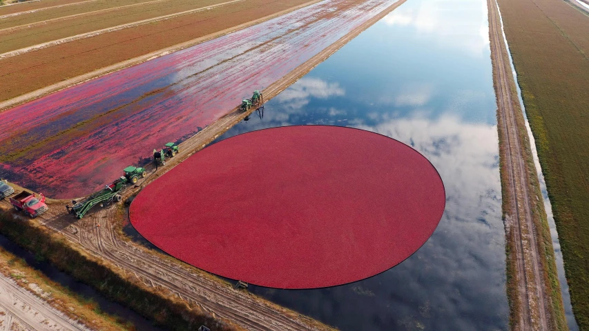 an aerial view of a large red object