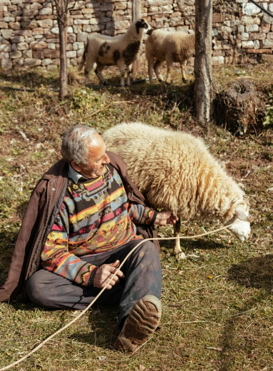 a man holding a rope in his hand while he pets a sheep