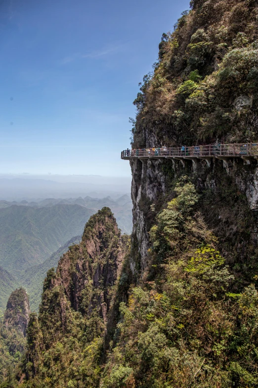 many people are standing on a suspended walkway overlooking the valley