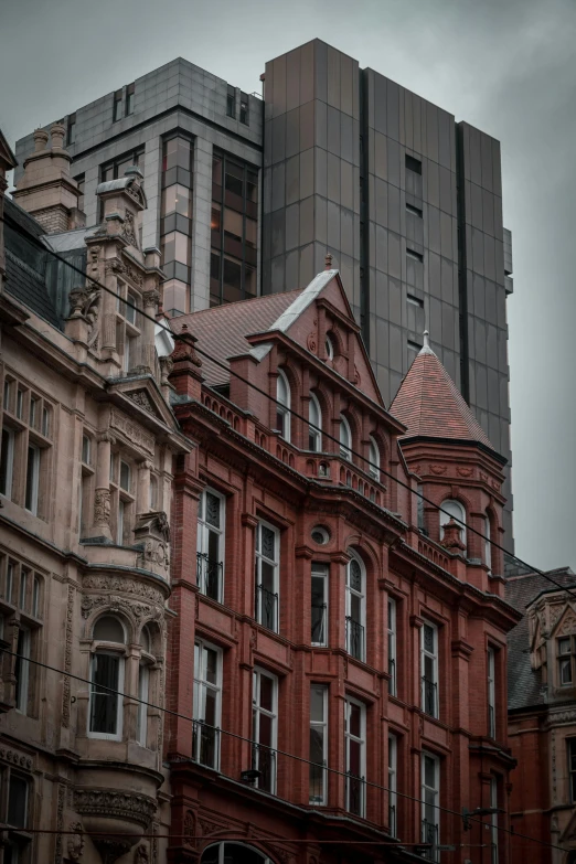 some red and grey buildings and some white and black building