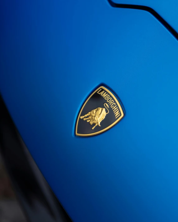 a blue car with a gold emblem on it