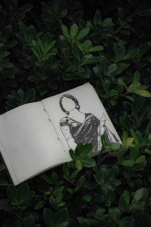 an open book with a drawing of a man behind it