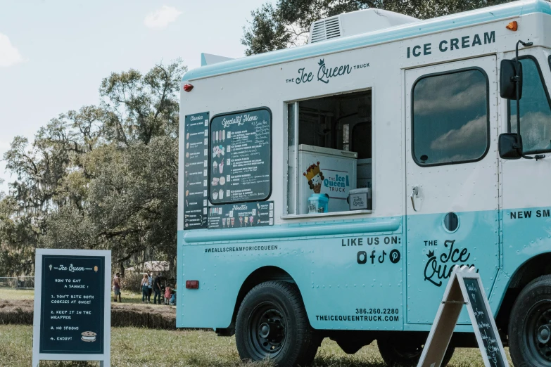 a blue and white ice cream truck parked on the grass