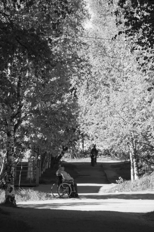 a person on their bike is sitting under trees