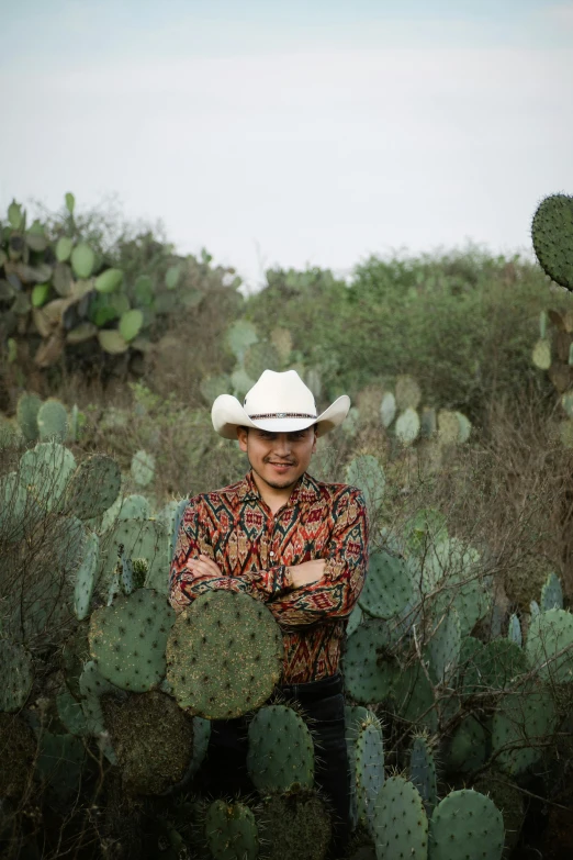 the man is wearing a hat in a cactus field