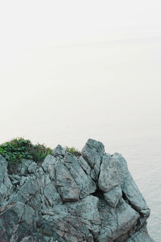 a person sits on a rock near the water