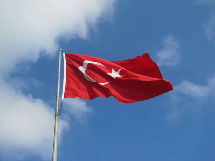 a flag flies in the sky over a building