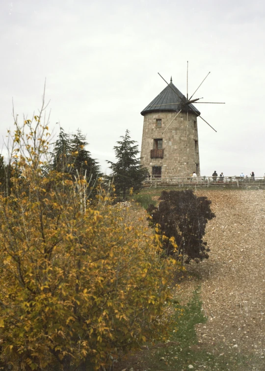 a windmill on the top of a dirt hill with tall trees