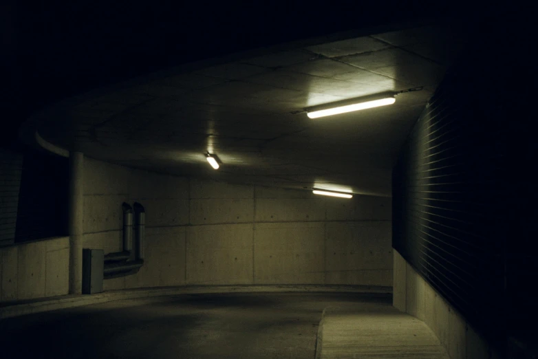 an empty garage in the dark at night