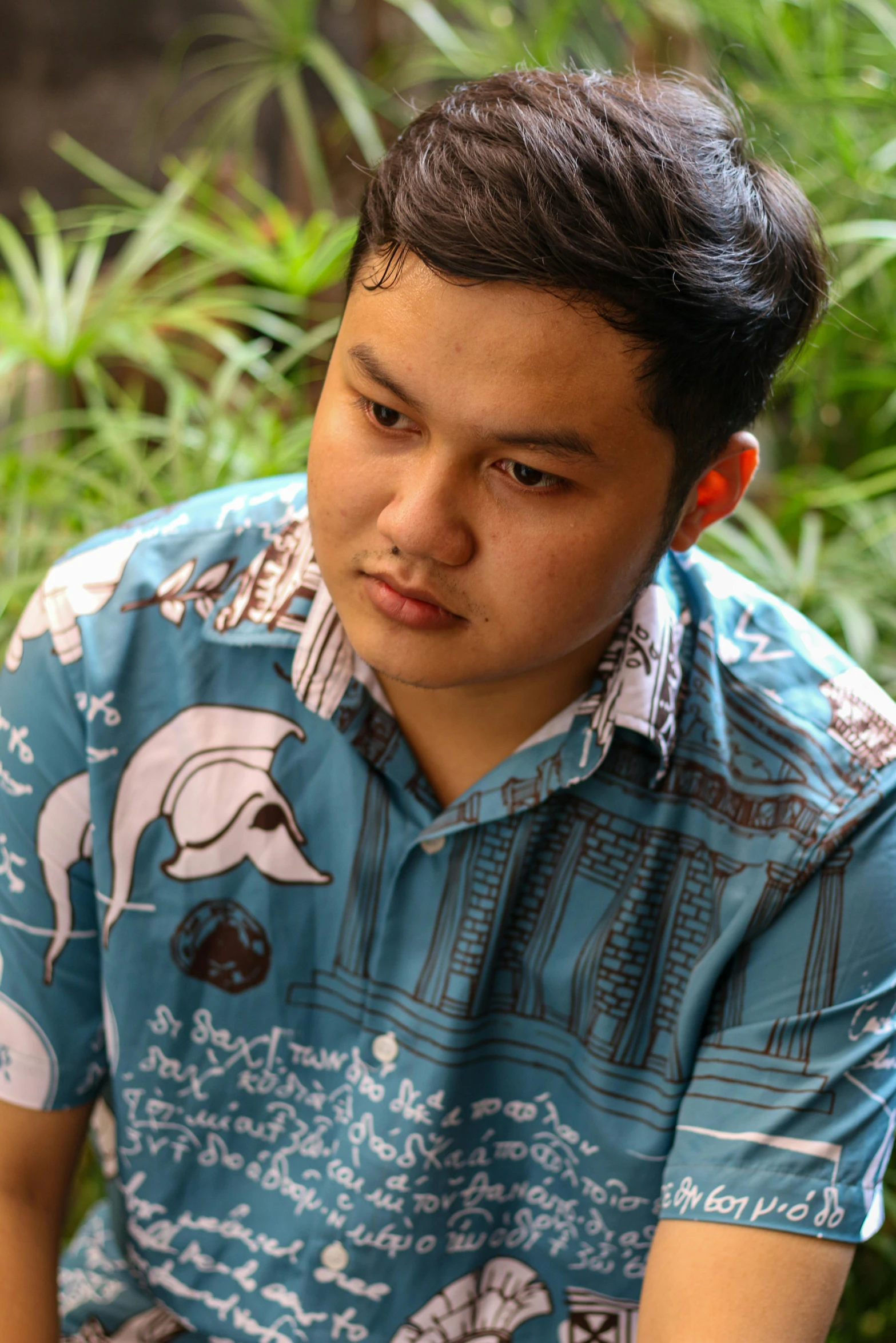 man in blue shirt sitting near green plant area