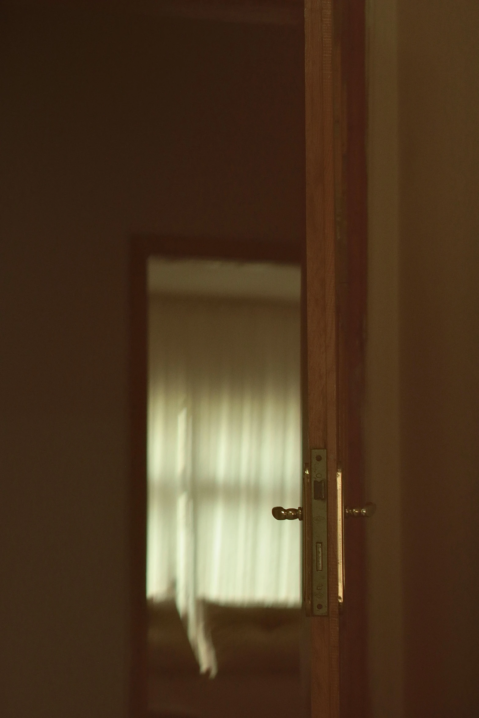 a doorway view through the wooden door with white curtains