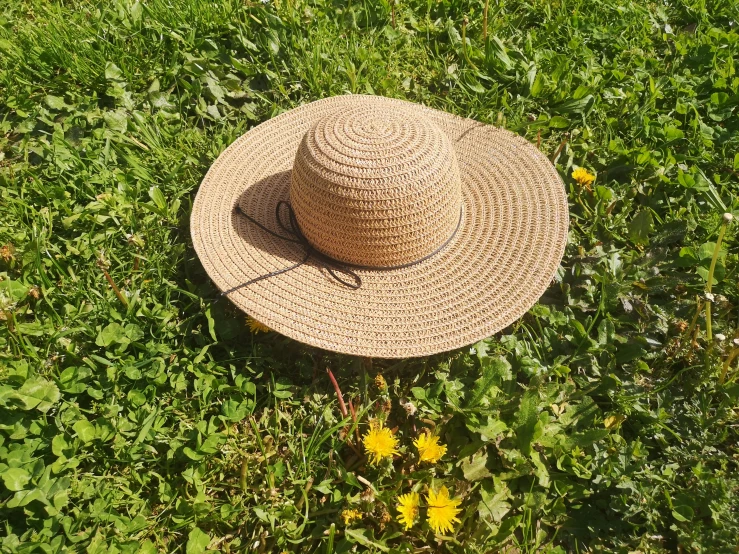 straw hat in grassy field with wildflowers