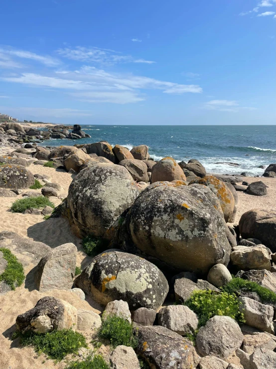 many rocks along a beach near the ocean