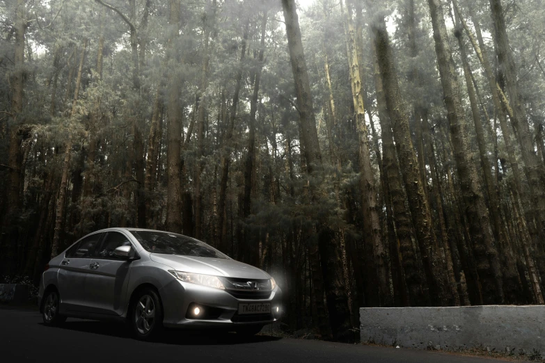 there is a silver car driving in front of some trees