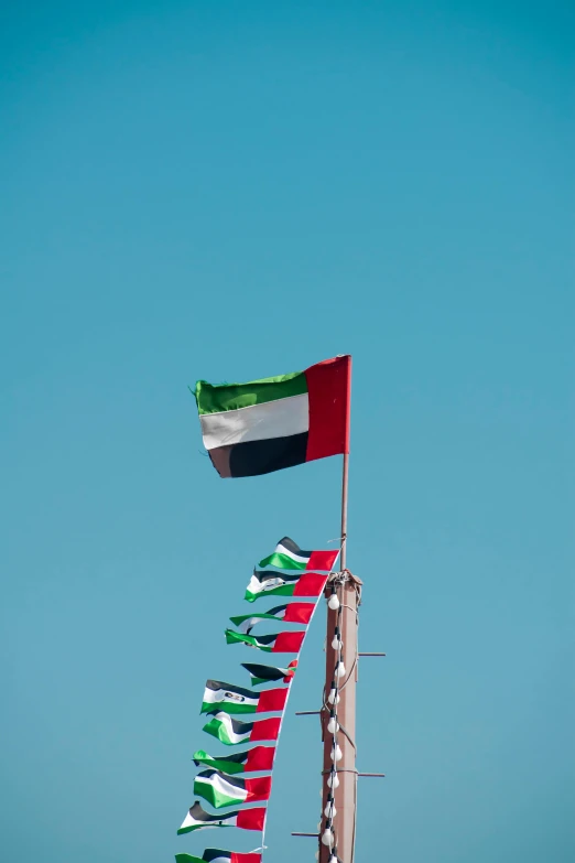 a tall pole with many flags next to it