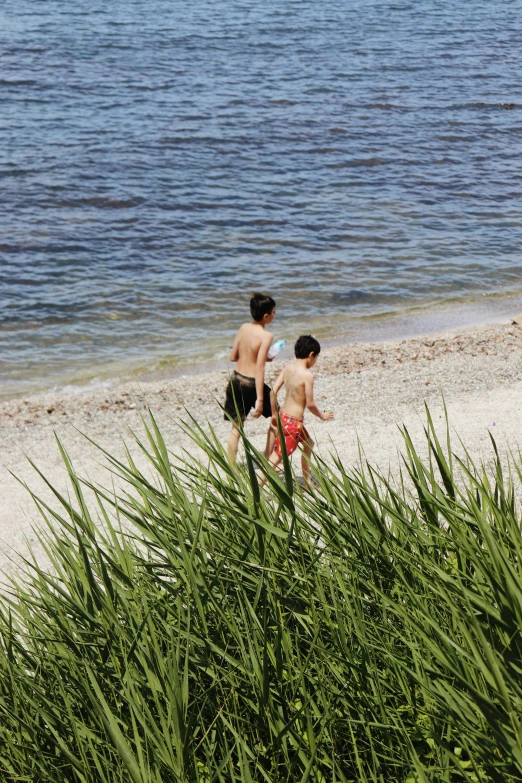 two children are on the beach playing with a frisbee