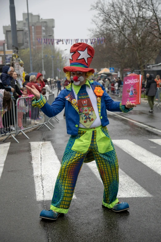 a person in clown costume walking down the street