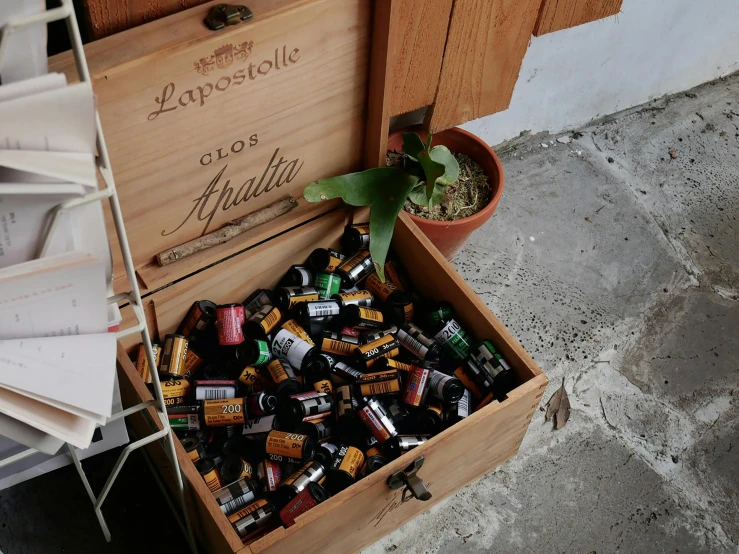 a wooden crate full of alcohol bottles and plants