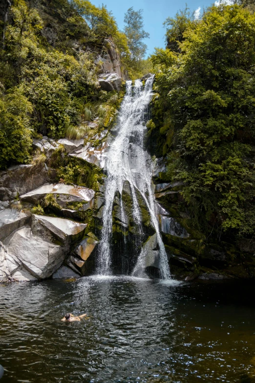a group of people swimming in the water next to a waterfall