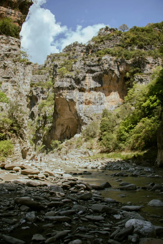 the rocky river is surrounded by trees and rocky cliffs